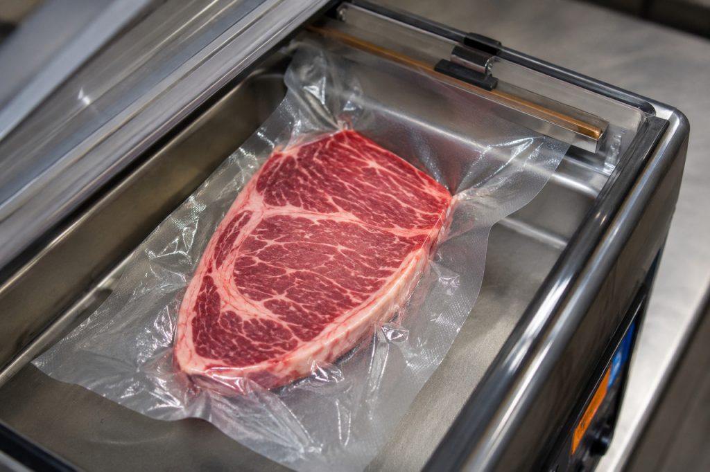 真空パックされた牛肉が冷凍庫に入っている様子