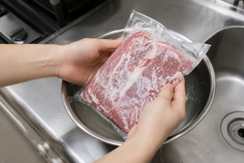 冷凍庫から出した肉をボウルに入れている様子